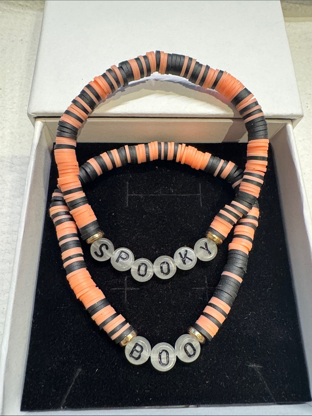 Spooky Boo Orange & Black Beaded Halloween 🎃 Stretch Bracelet Set